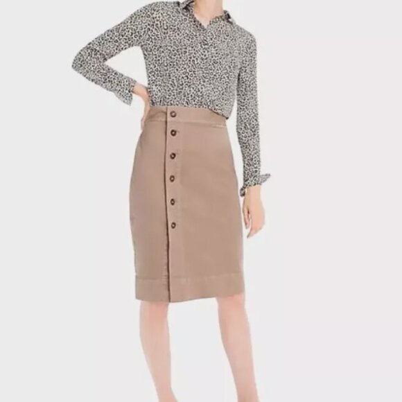 J. Crew Side Button Pencil Skirt Stretch Chino Size 10 Neutral Khaki Preppy - Picture 1 of 10